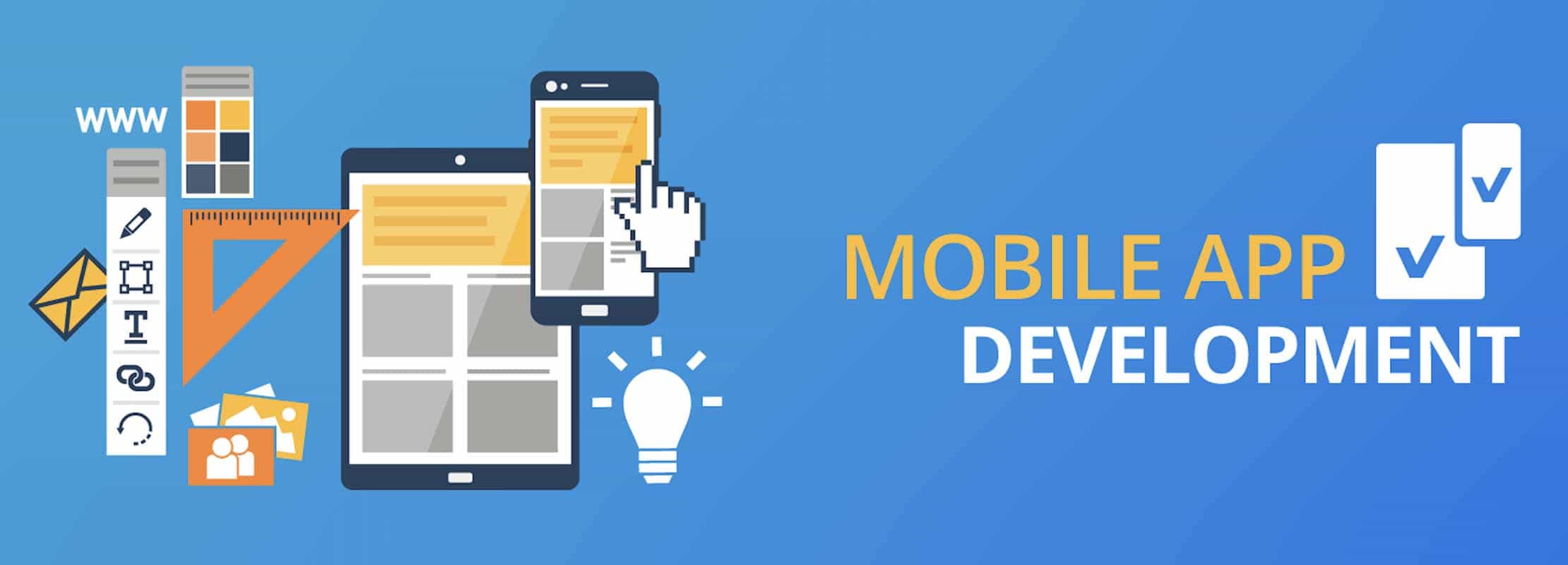 different mobile phones,bulb,tools,mobile app development as heading|web design company in kerala