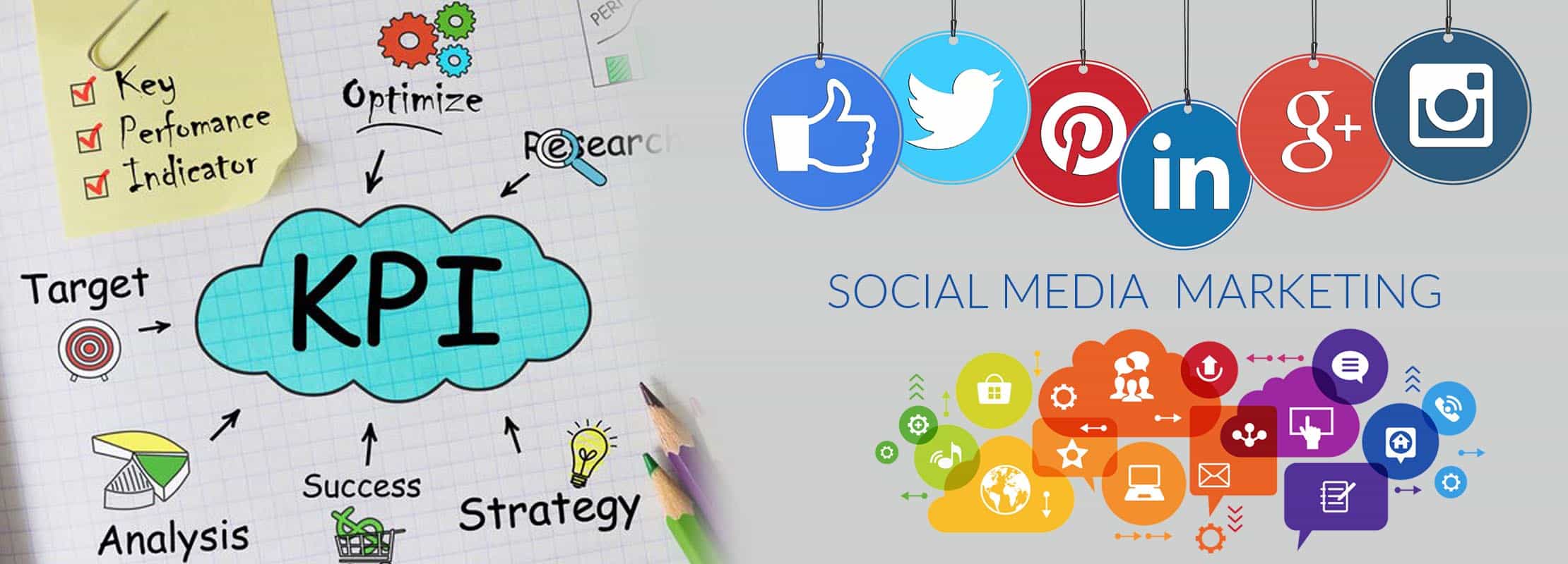 different social media icons|things pointed to KPI|social media marketing as header|web design company in kerala